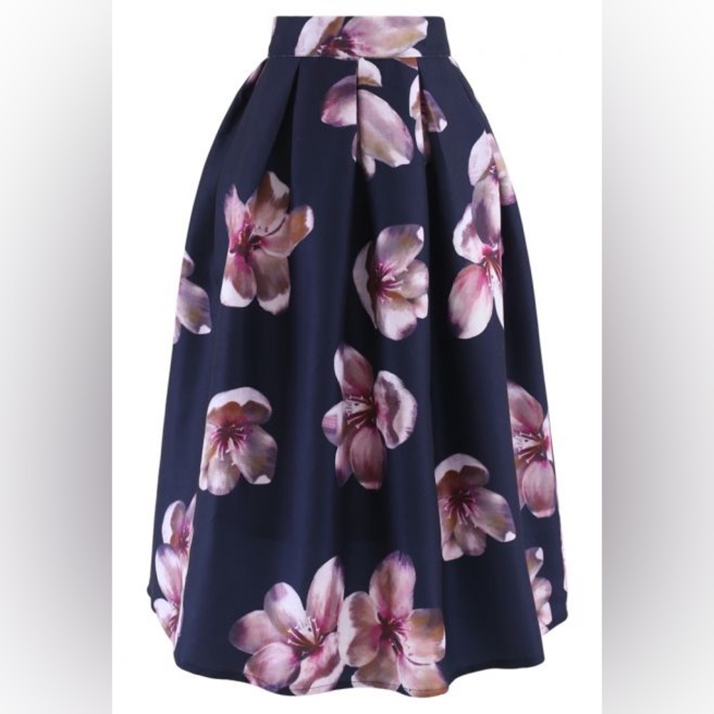 Chicwish Navy Floral Midi Skirt